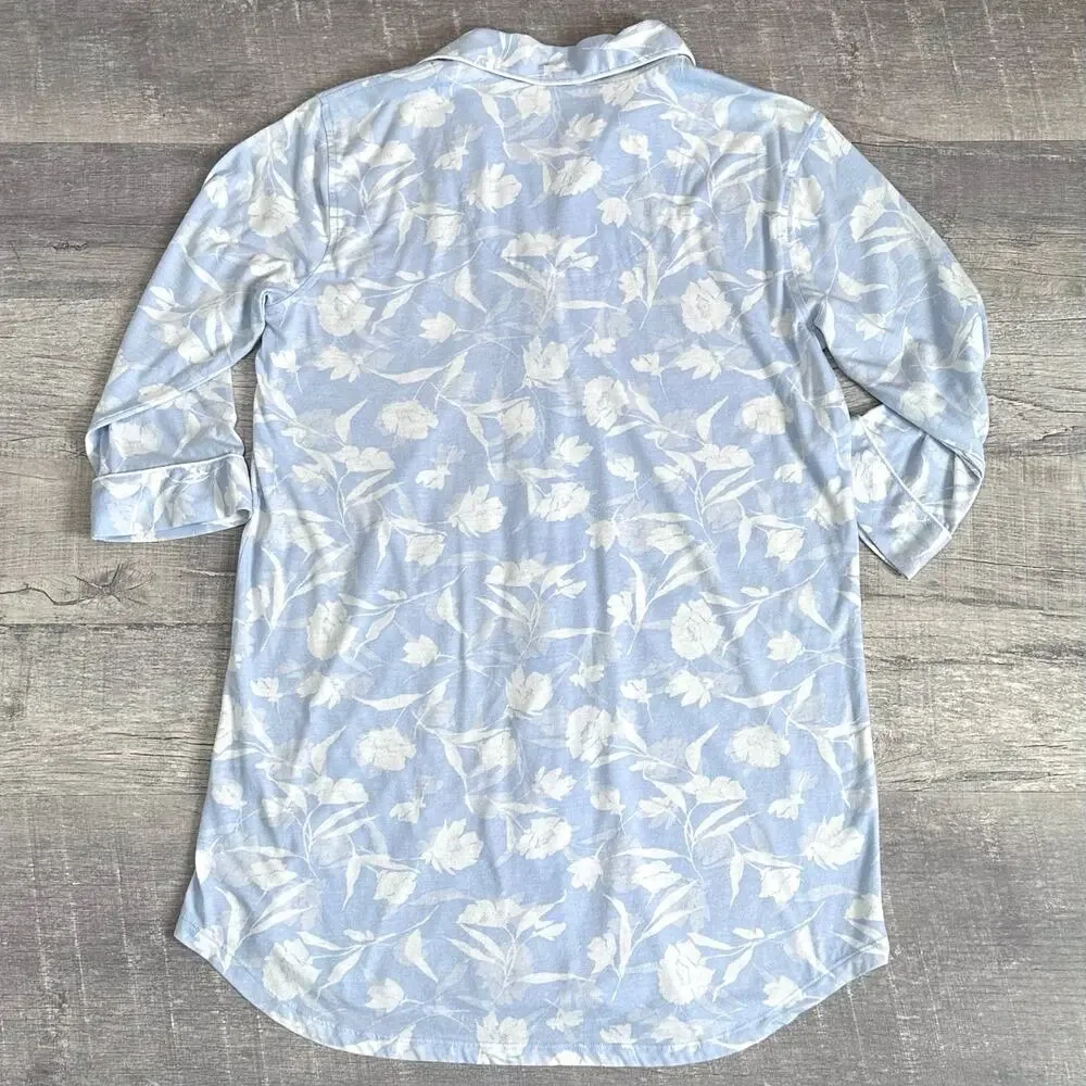 Lauren Ralph Lauren Floral Long Sleeve Sleep Shirt M Blue White Monogram Pocket - Picture 6 of 8
